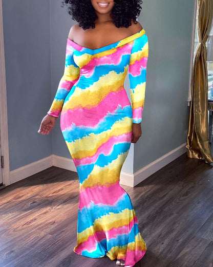 FZ Women's Tie Dye Print Off Shoulder Mermaid Dress