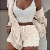 plush homewear casual 3-piece pajamas long sleeve navel vest shorts set