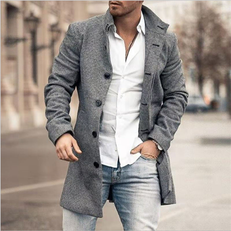 new men's woolen stand collar mid-length pocket casual coat