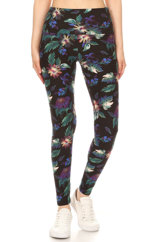 FZ Women's Banded Lined Floral Printed Knit Leggings