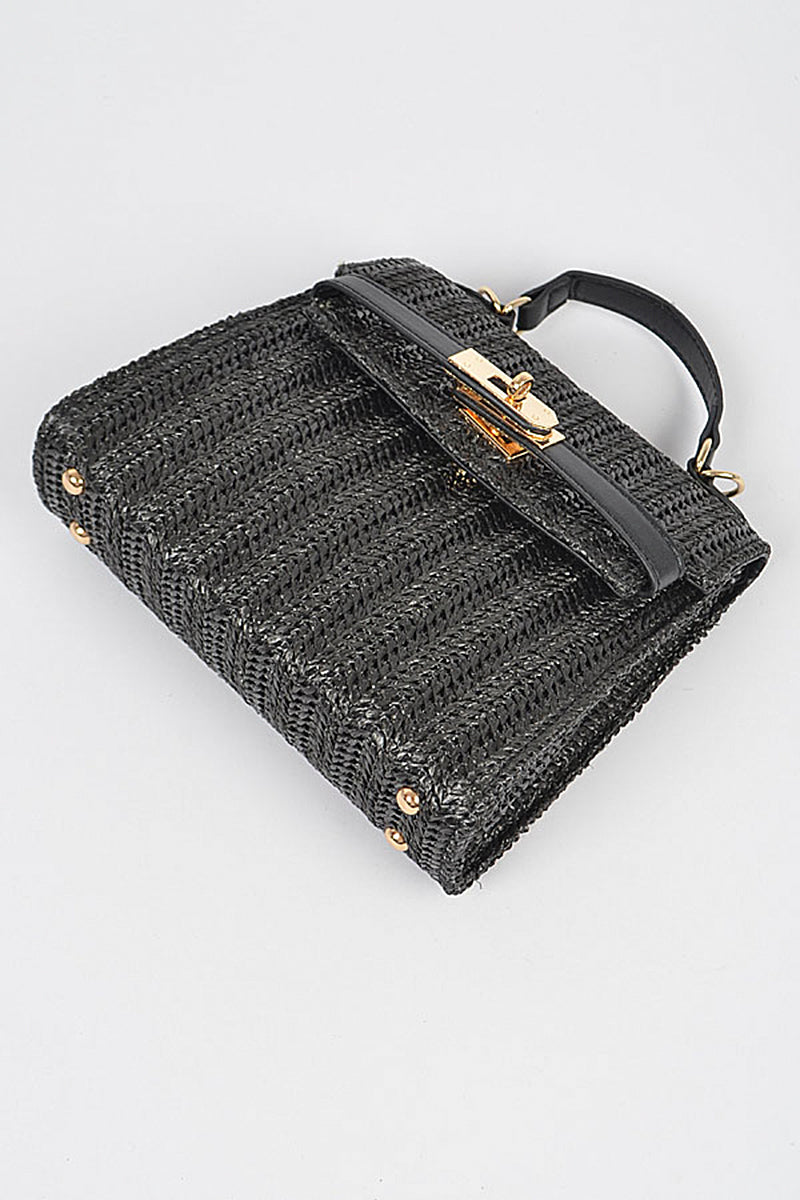 faux straw top handle clutch handbag