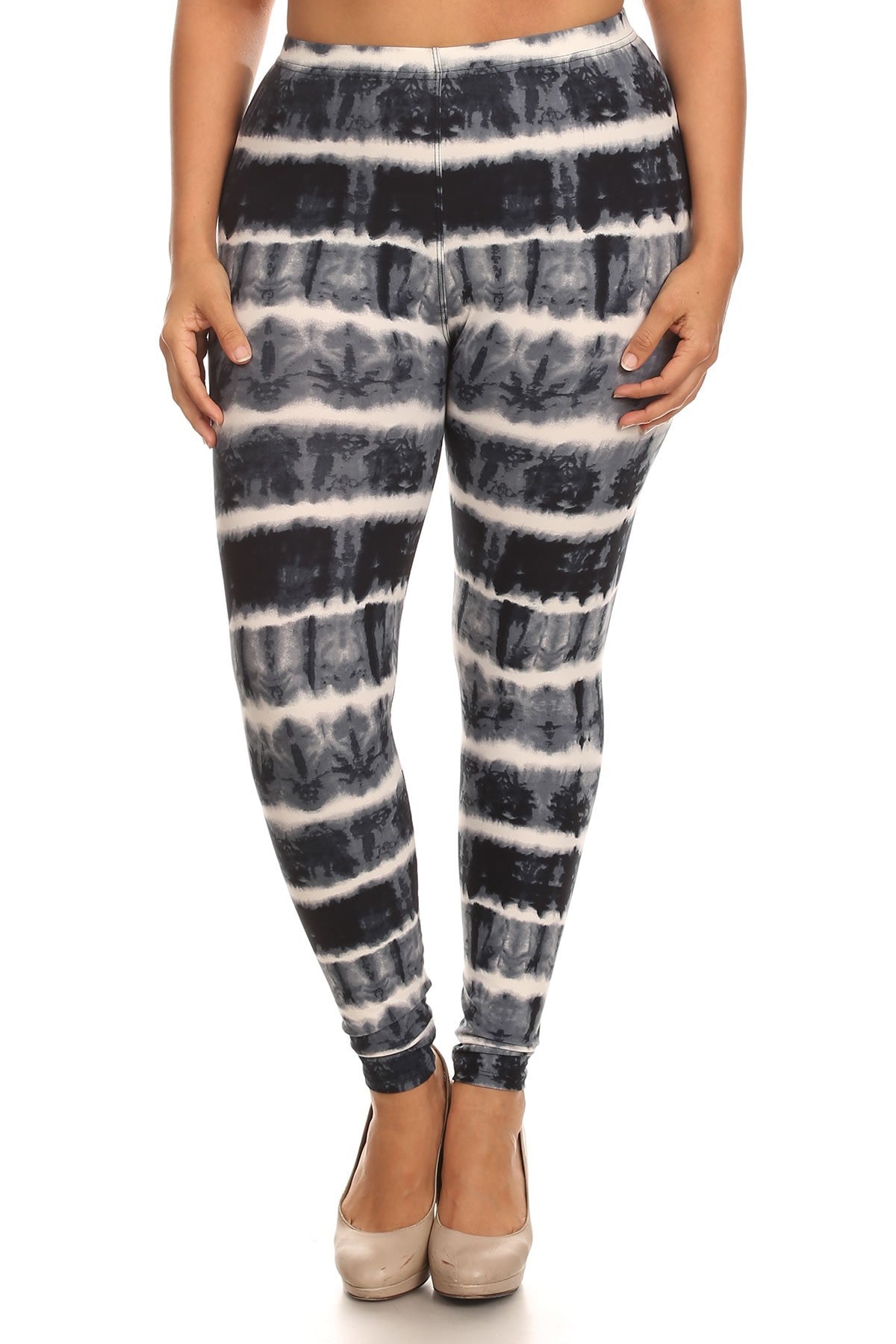 plus size tie dye print, full length leggings in a fitted style with a banded high waist