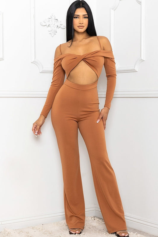 open shoulder cutout detail jumpsuit