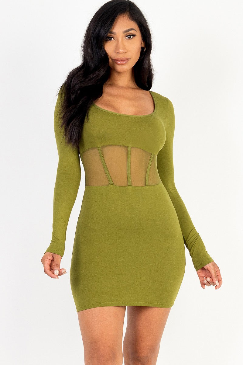 square neck mesh corset mini dress