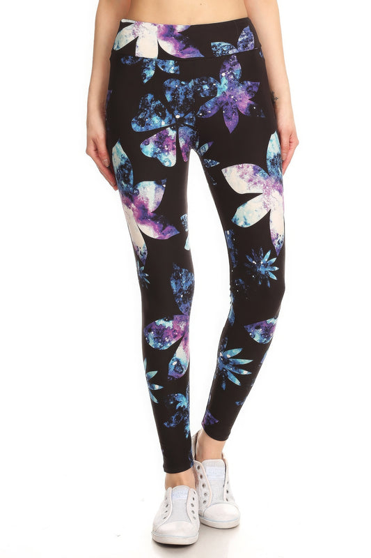 FZ Women's Banded Lined Galaxy Silhouette Floral Print, Full Length Leggings