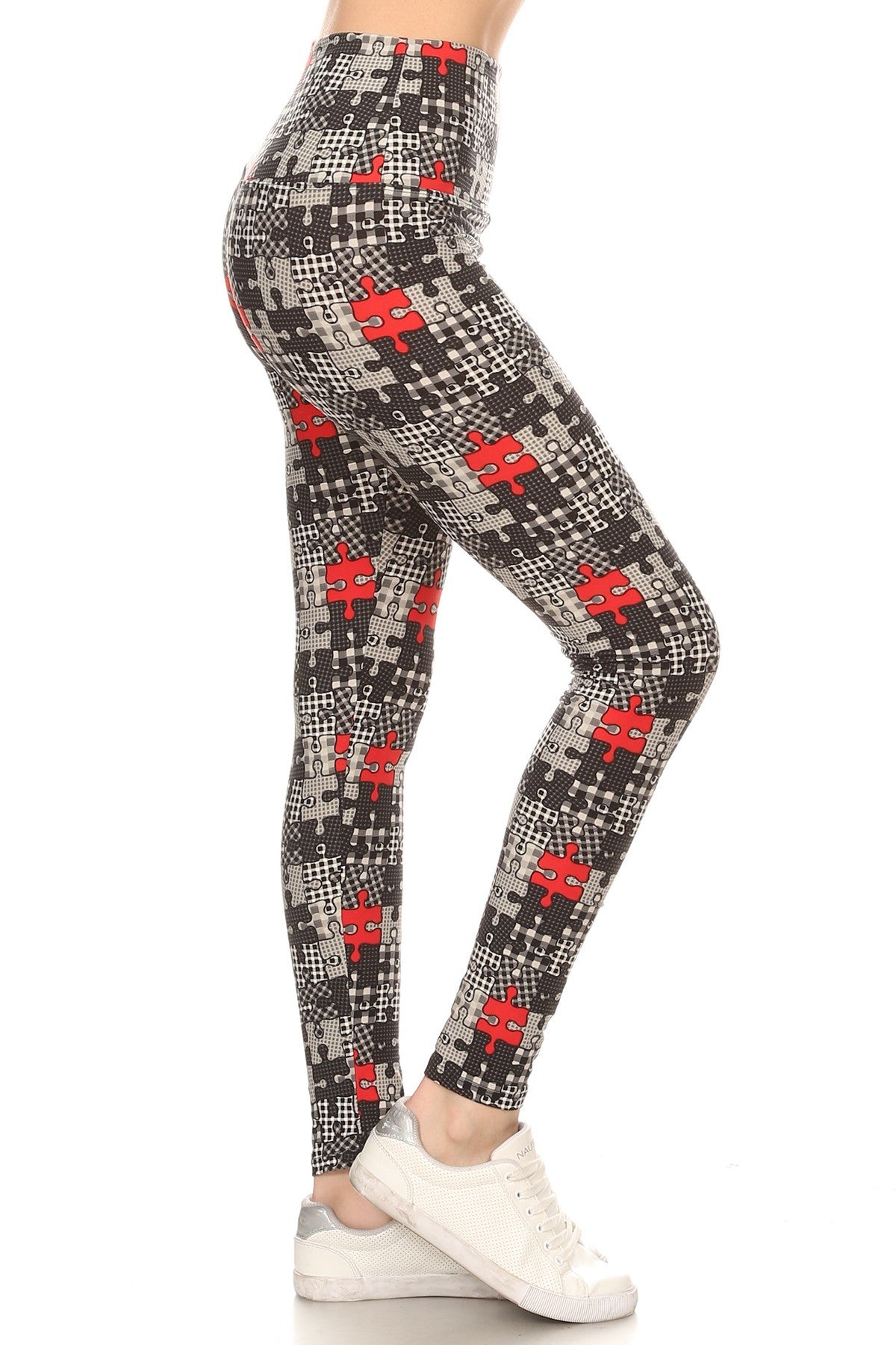 5-inch long yoga style banded lined puzzle printed knit legging with high waist