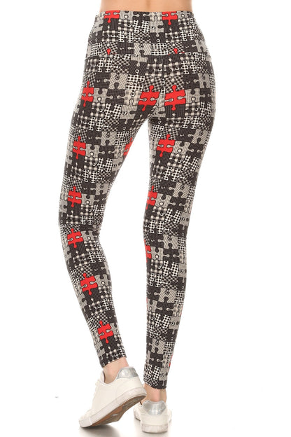 5-inch long yoga style banded lined puzzle printed knit legging with high waist