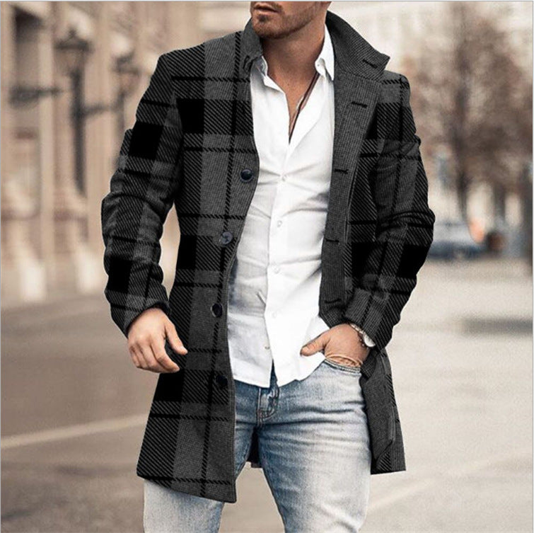 new men's woolen stand collar mid-length pocket casual coat