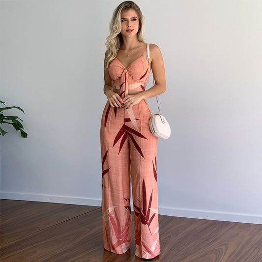 linen-like casual suit v-neck high-waist printed wide-leg pants two-piece set