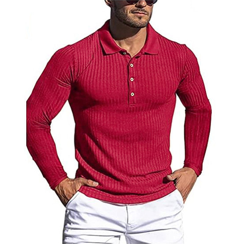 new men's high elastic vertical strip long sleeve polo shirt slim knit bottom shirt polo shirt