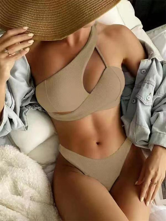 women's split bikini solid color one shoulder sexy swimsuit