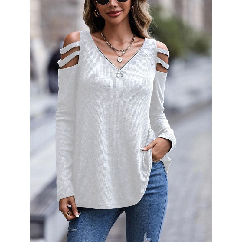 women's off shoulder zipper long sleeve waffle t-shirt top