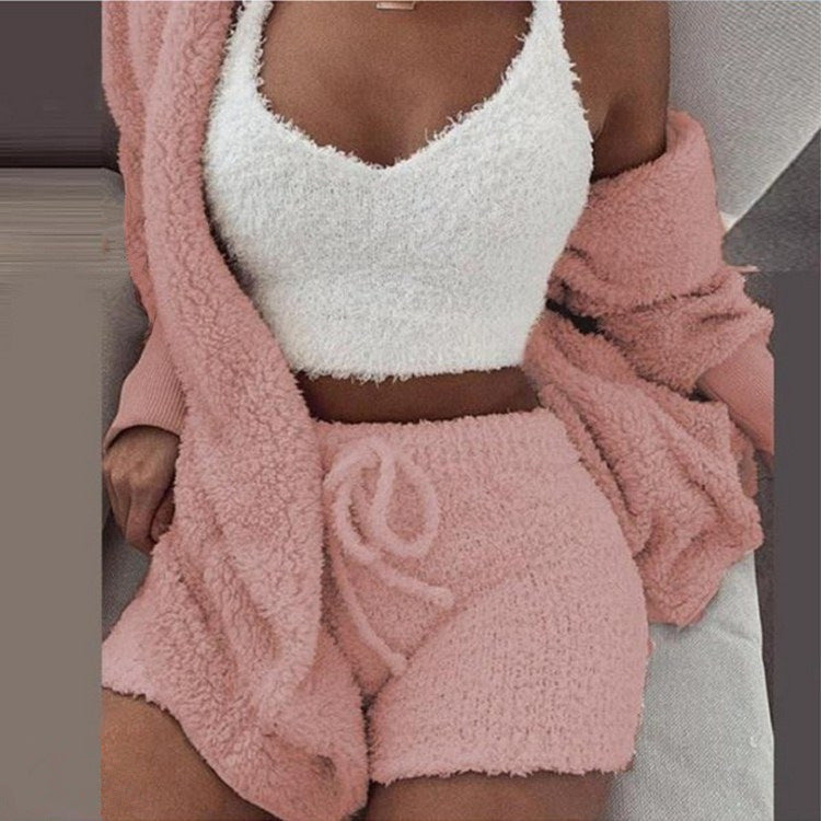 plush homewear casual 3-piece pajamas long sleeve navel vest shorts set