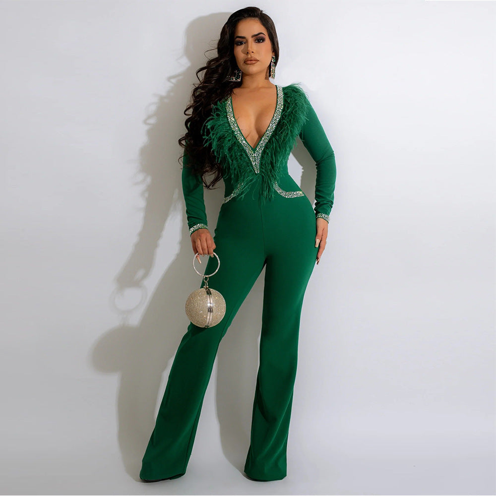 FZ Women's Sexy Deep V Plunge Feather Collar Wide Leg Jumpsuit - FZwear