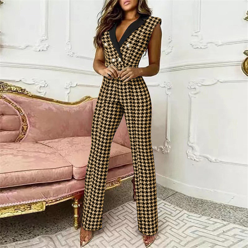 spring summer women clothing  color matching button v-neck sleeveless houndstooth jumpsuit business wear for women