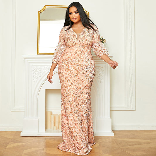 plus size women long wedding party cocktail light luxury sequined evening dress