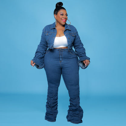 plus size plus size women clothing autumn winter denim two-piece suit pleated pile pants