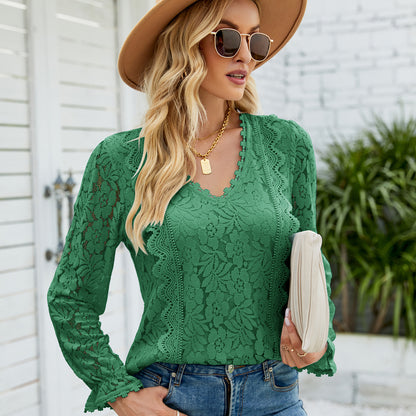 autumn winter women solid color hollow out lace sexy long-sleeved lace top women