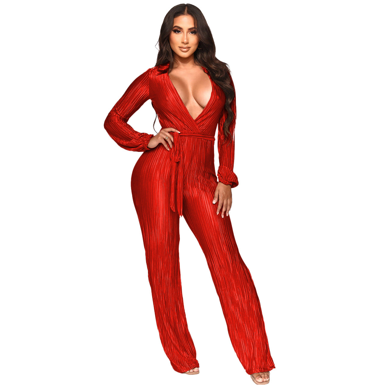 FZ Women's Low Cut Sexy Draping Pleated Jumpsuit