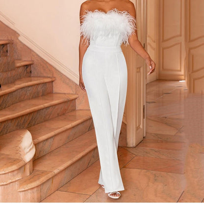 spring summer women clothing feather tube top solid color  off-shoulder backless sexy jumpsuit