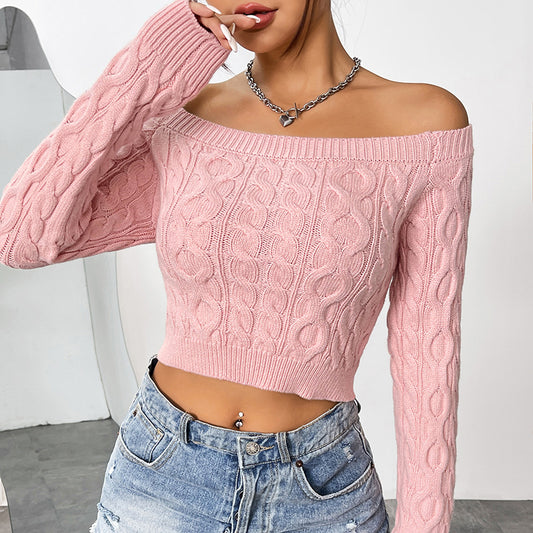 FZ Women's Sexy Cropped off Neck Slim Fit Sweet Pink Sweater Top