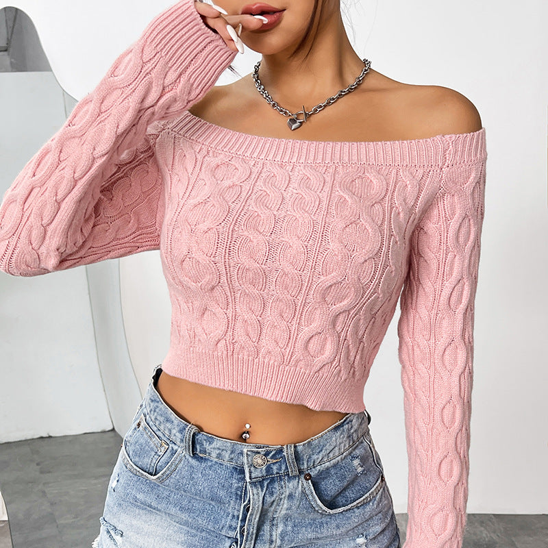 FZ Women's Sexy Cropped off Neck Slim Fit Sweet Pink Sweater Top - FZwear