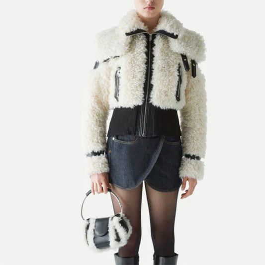 FZ Women's Minority Design Faux Leather Short Lamb Wool Jacket - FZwear