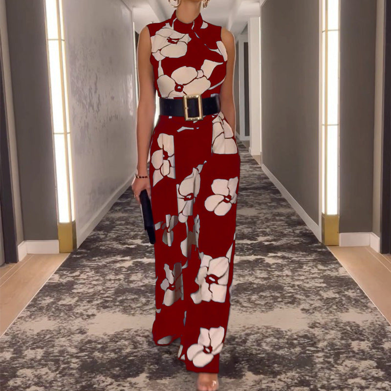 women clothing summer sleeveless elegant slim printed jumpsuit