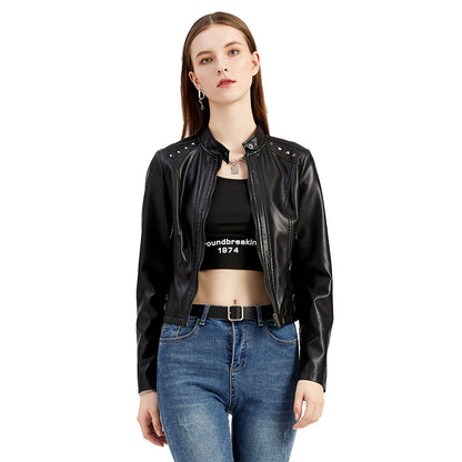 women  clothing new rivets leather women short spring autumn jacket long sleeve women jacket thin stand collar fashion jacket