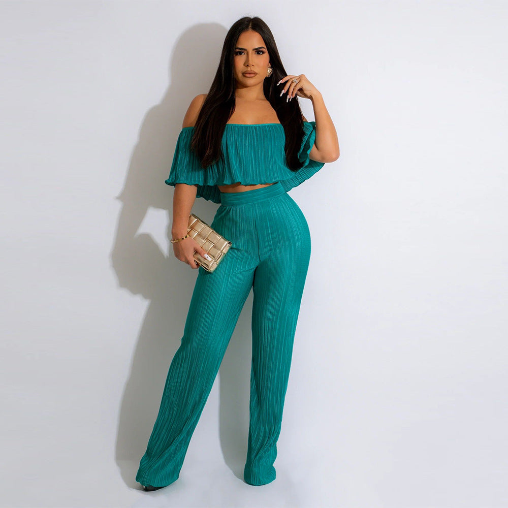 FZ Women's Pleated Ruffled Off Shoulder Wide Leg Pants Suit - FZwear