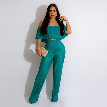 FZ Women's Pleated Ruffled Off Shoulder Wide Leg Pants Suit - FZwear