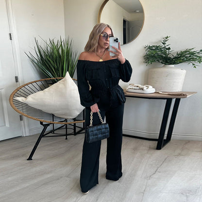 off shoulder solid color bellows pocket elegant women clothing jumpsuit