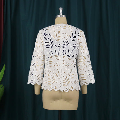 design round neck loose hollow out cutout out crocheted outer wear nine-quarter sleeve shirt blouse women lace shirt