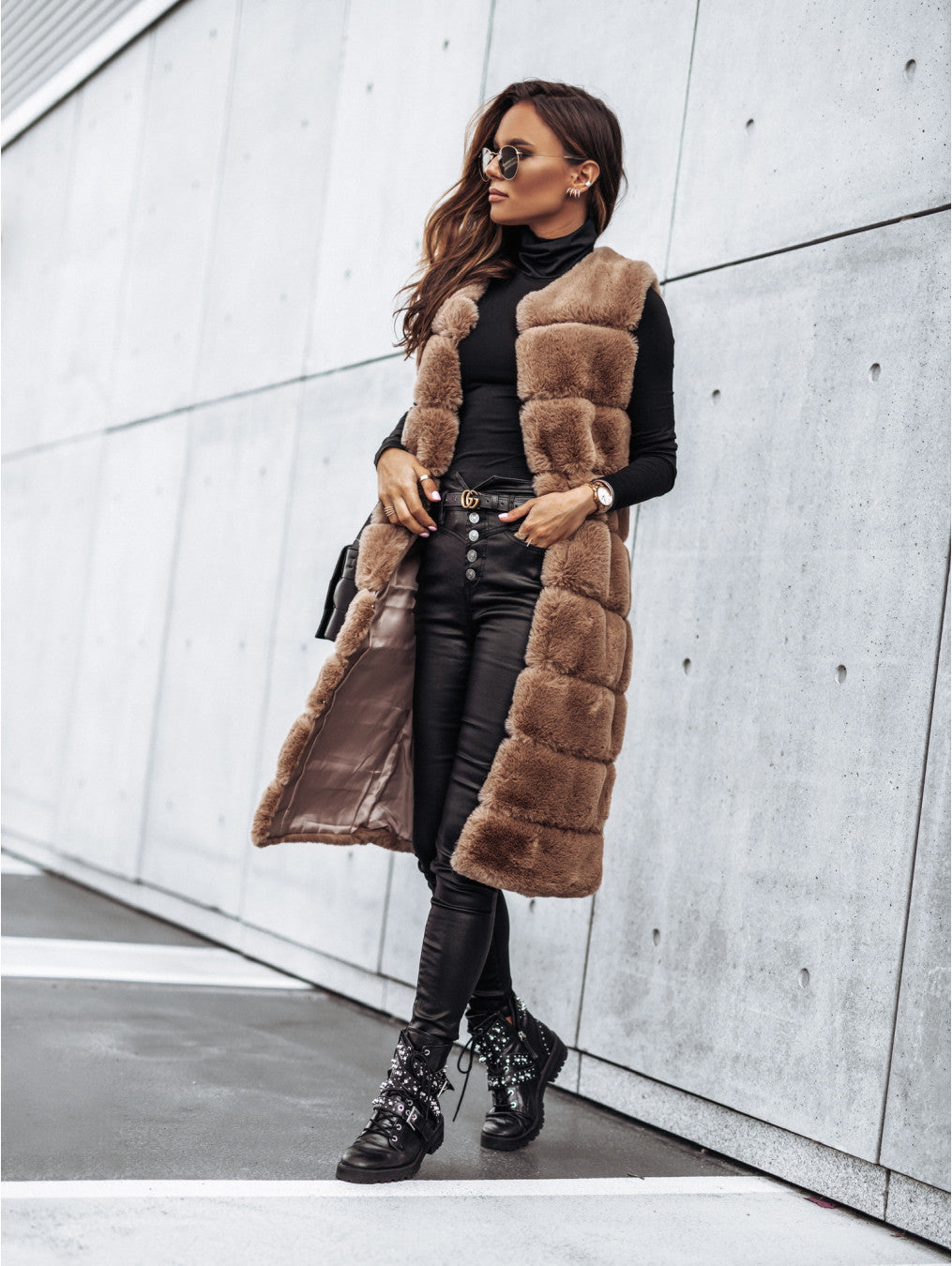 FZ Women's round Neck Fur Long Vest Jacket