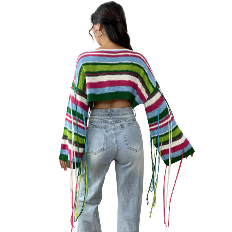 FZ Women's Rainbow Striped Fringed Cropped Loose Sweater Top - FZwear