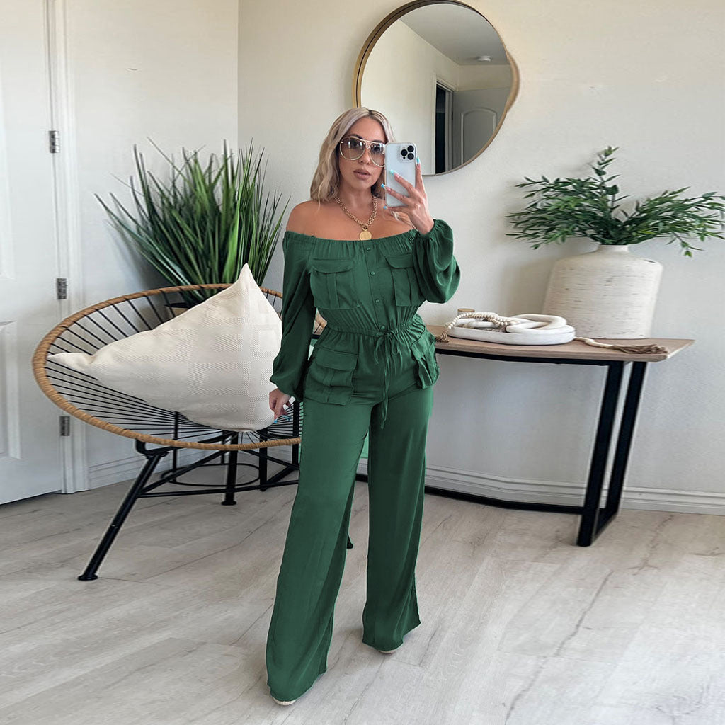 off shoulder solid color bellows pocket elegant women clothing jumpsuit