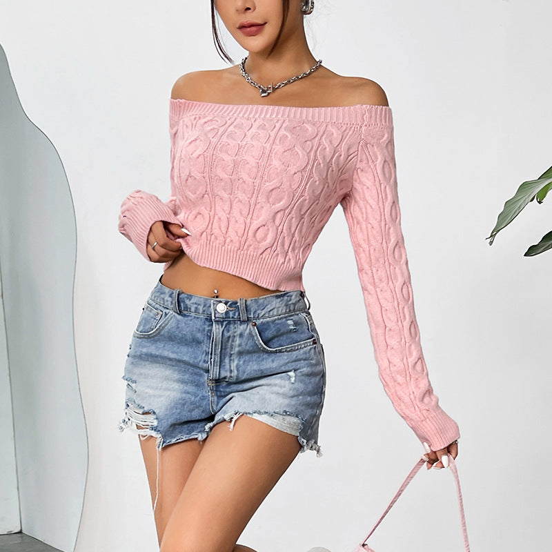 FZ Women's Sexy Cropped off Neck Slim Fit Sweet Pink Sweater Top - FZwear