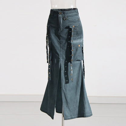 FZ Women's Trendy Patchwork Long Denim Skirt