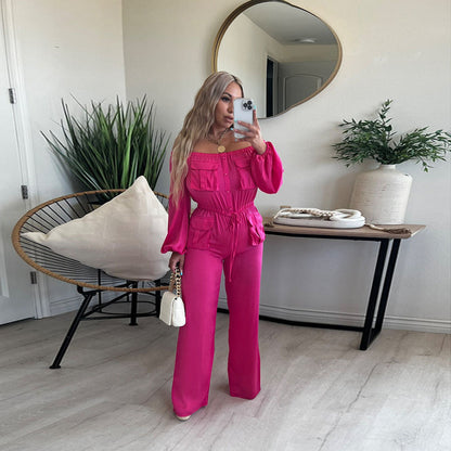 off shoulder solid color bellows pocket elegant women clothing jumpsuit