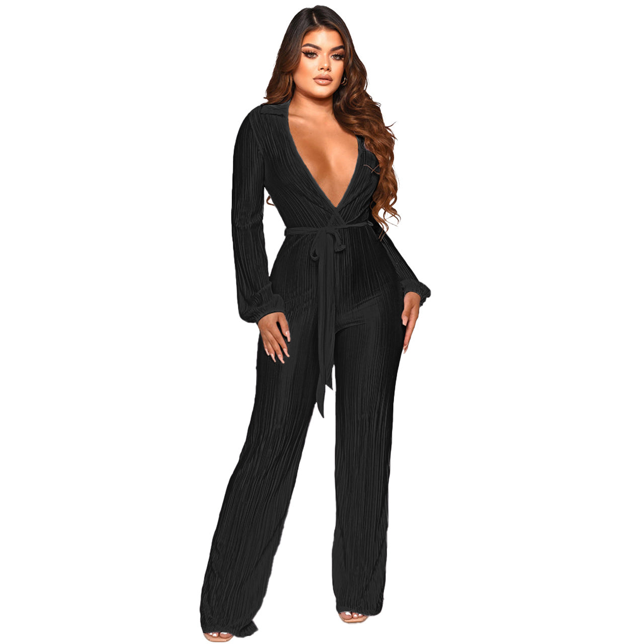 FZ Women's Low Cut Sexy Draping Pleated Jumpsuit