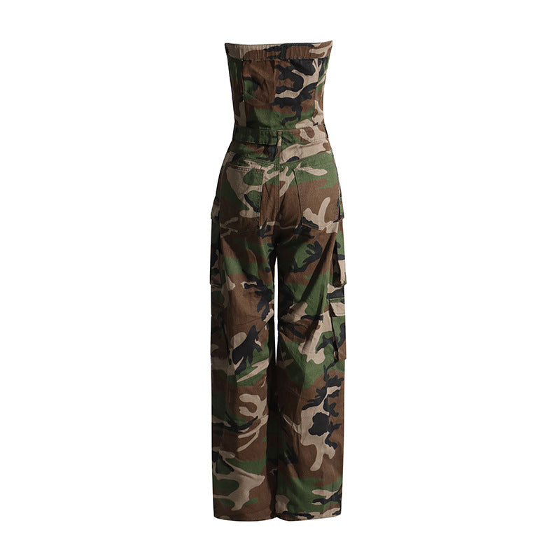 personalized fashionable camouflage pattern women jumpsuit bandeau slim fit slimming work clothes women  casual pants