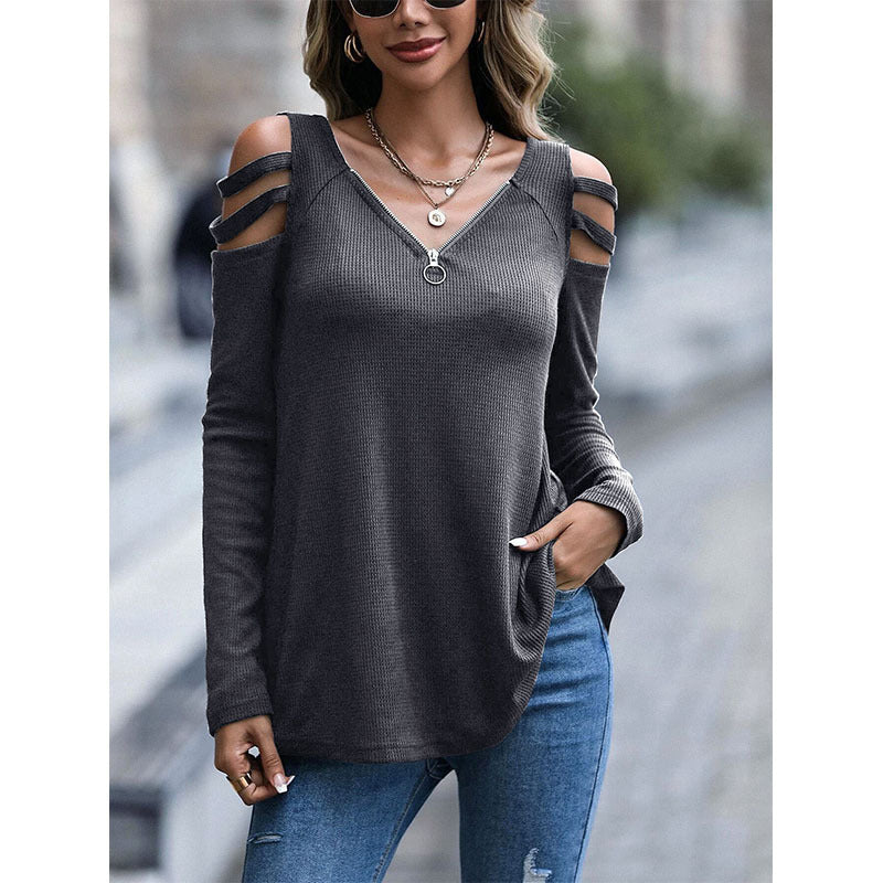 women's off shoulder zipper long sleeve waffle t-shirt top