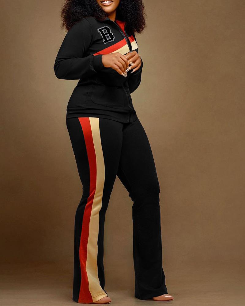 FZ Women's Paneled Letter Print Zip Up Top & Pants Suit - FZwear