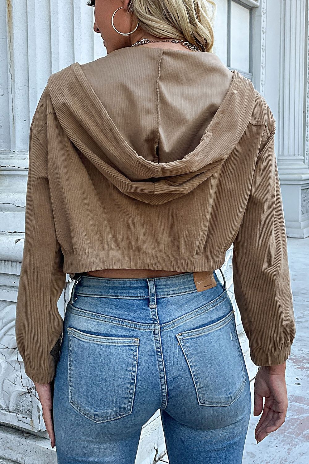 zip-up corduroy cropped hooded jacket