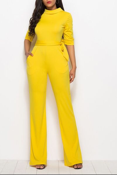 FZ WOmen's Mock Neck Tie-Waist Half Sleeve Jumpsuit - FZwear