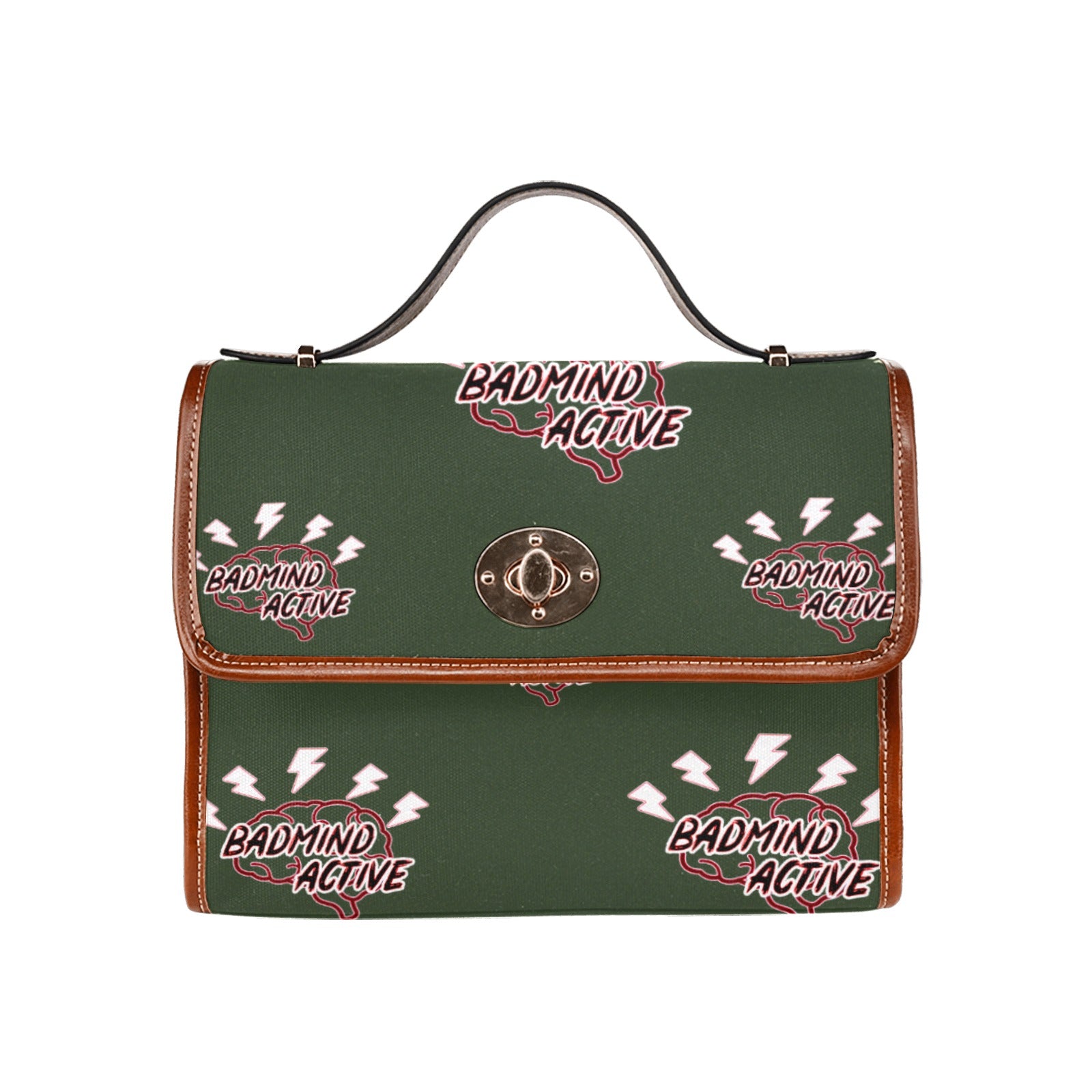 fz mind handbag one size / fz - mind bag-dark green all over print waterproof canvas bag(model1641)(brown strap)