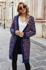 multicolored ribbed trim open front cardigan with pockets