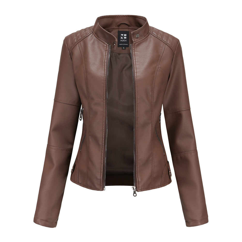 FZ Women's standing collar PU leather jacket