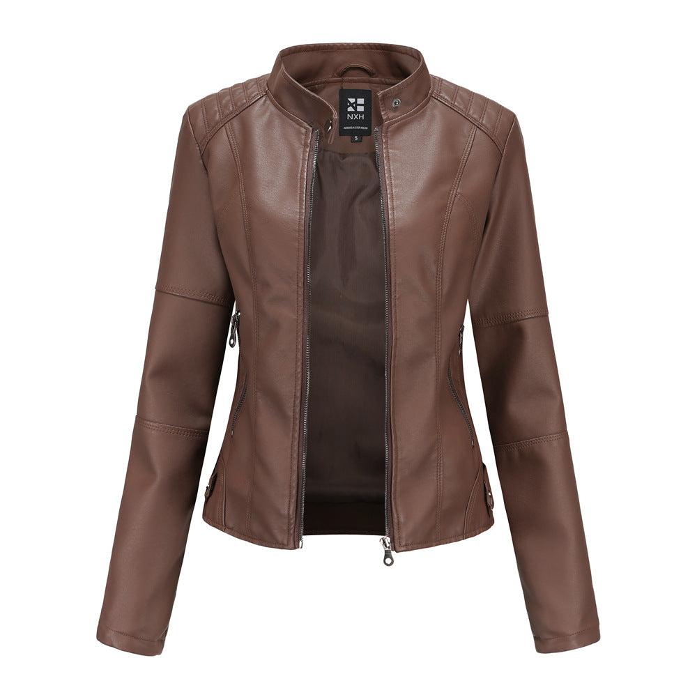 FZ Women's standing collar PU leather jacket - FZwear