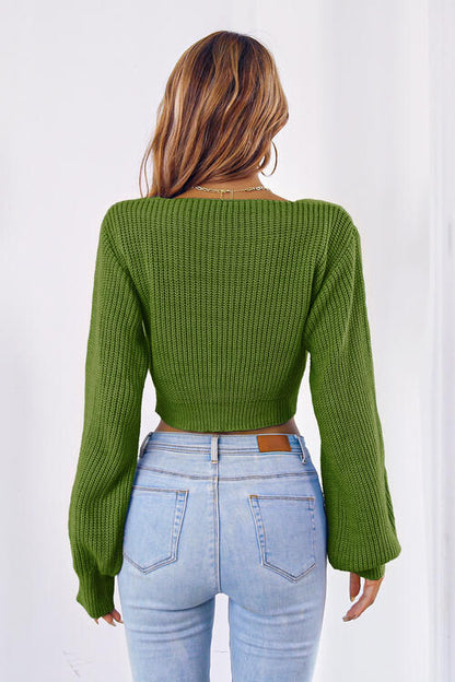 FZ Women's Bow V-Neck Long Sleeve Cropped Sweater Top - FZwear